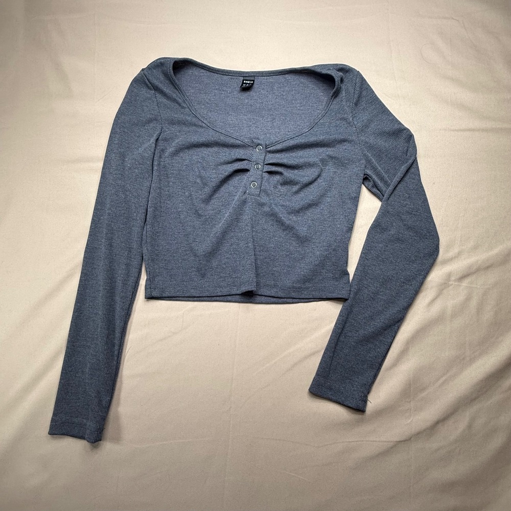 SHEIN Women Gray Ribbed Knit Long Sleeve Crop Top Cinched Bust Small